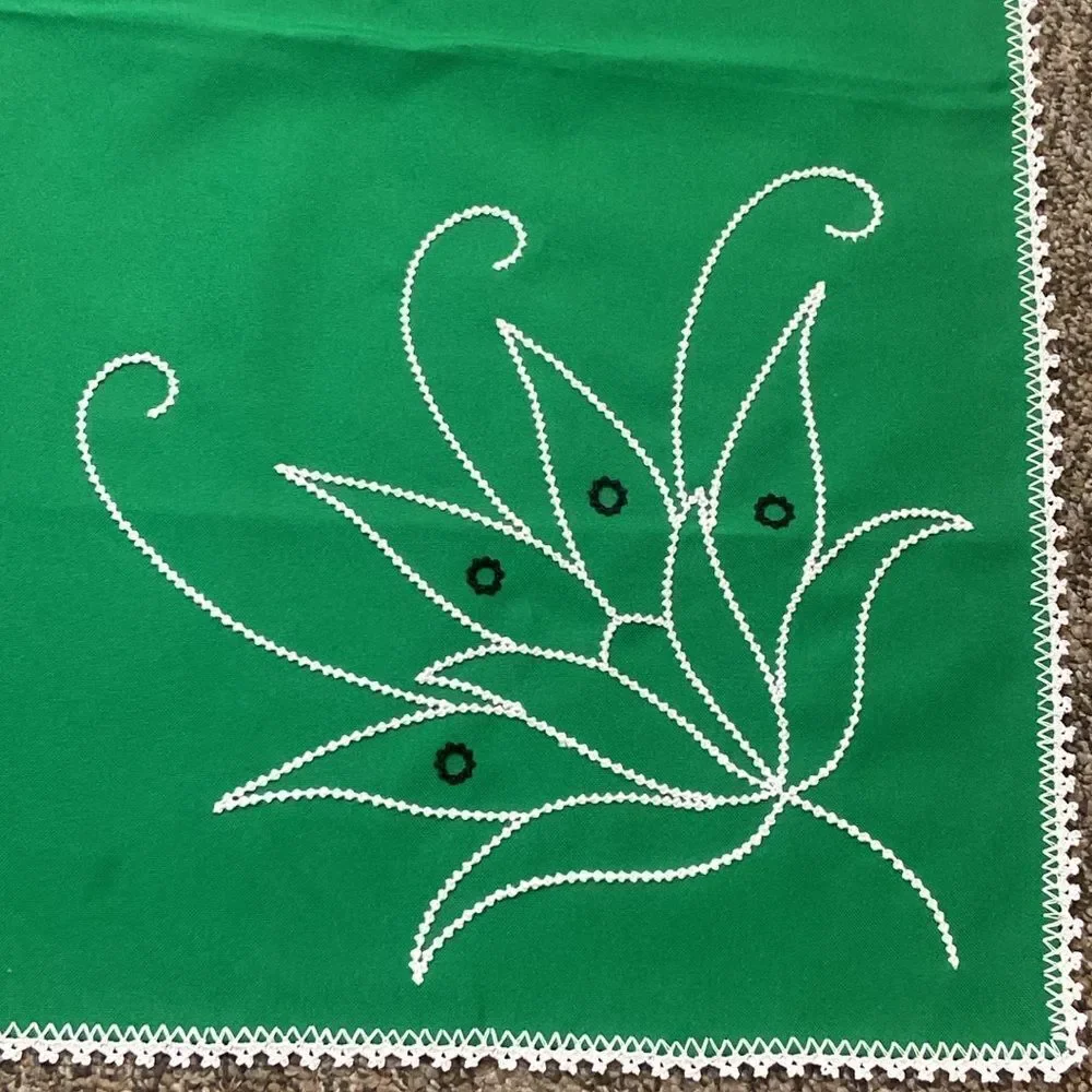 Vintage Handmade Green Decorative Tablecloth with White Embroidery